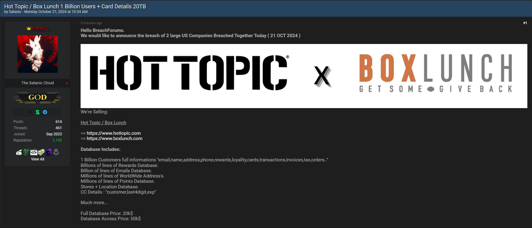 Satanic is Allegedly Selling the Databases and Database Access to Hot