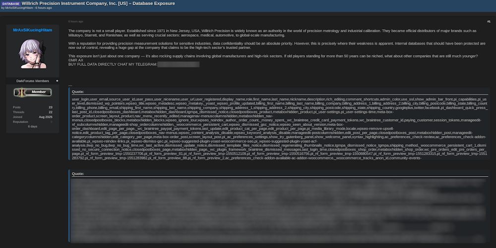 Alleged Data Breach Exposes Sensitive Login Records from Willrich Precision Instrument Company, Inc.