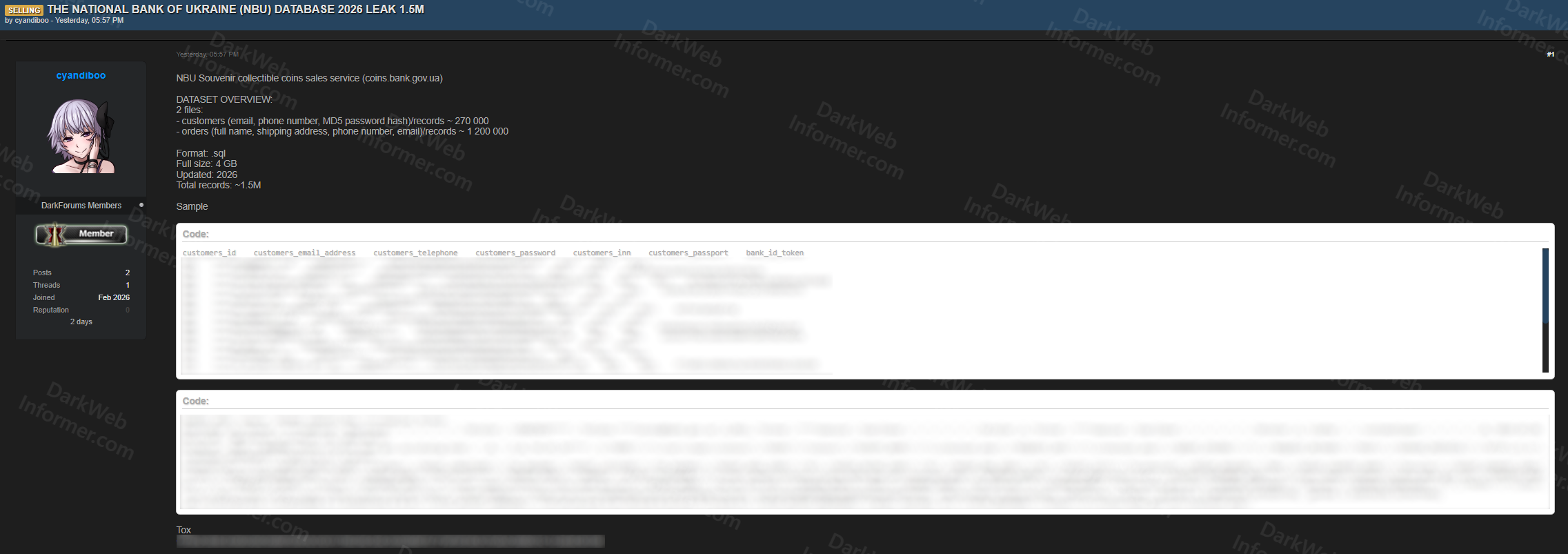 Forum listing showing alleged National Bank of Ukraine database for sale