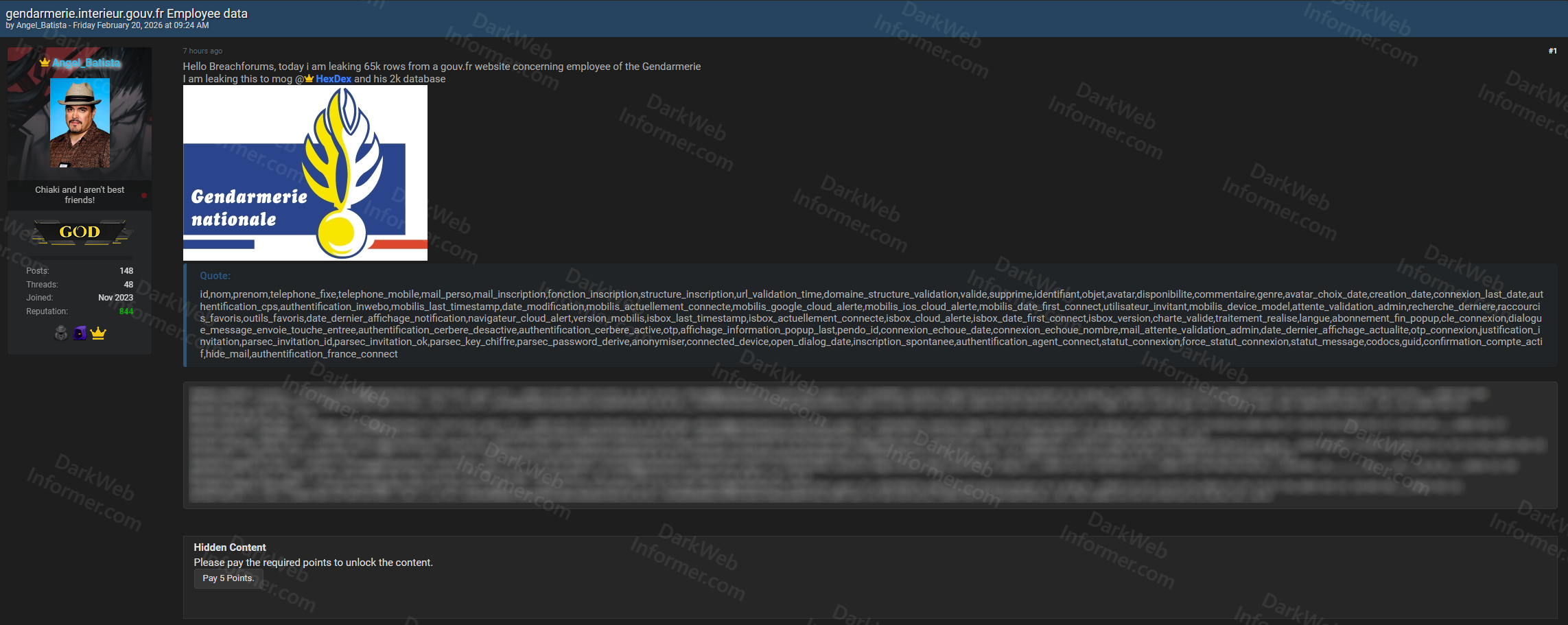 BreachForums listing showing French Gendarmerie Nationale employee data leak