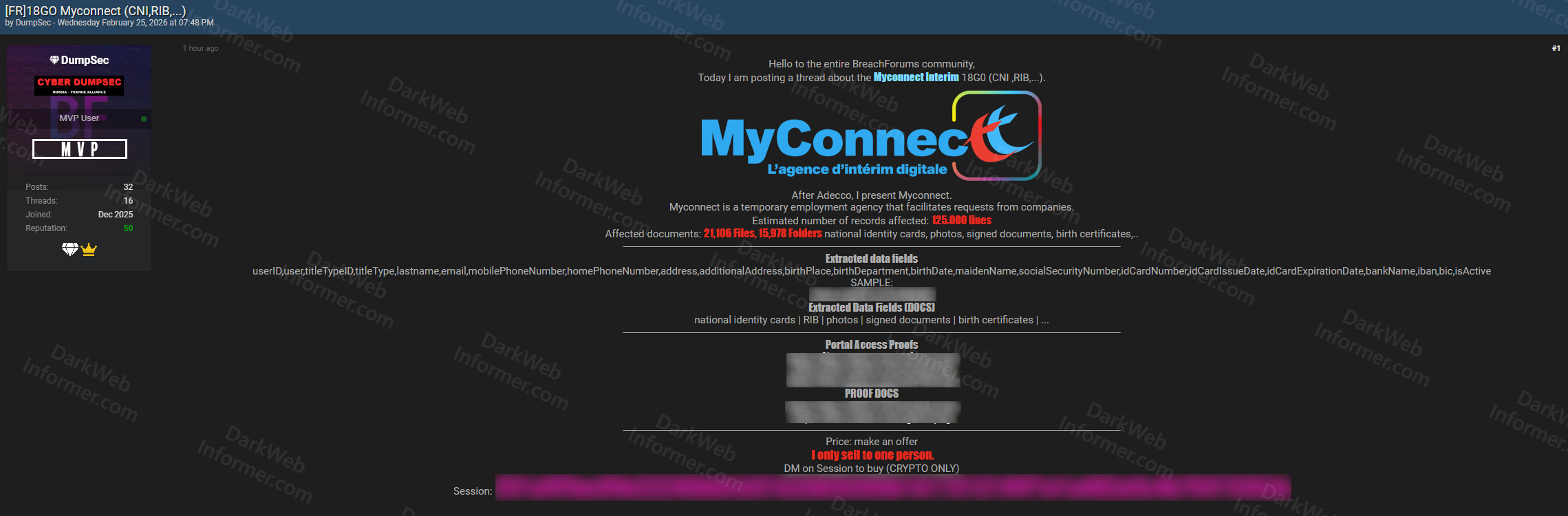 Forum listing showing MyConnect data breach with 125,000 records for sale