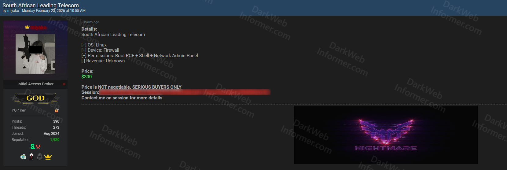 Forum listing showing root access and firewall control sale for South African telecom