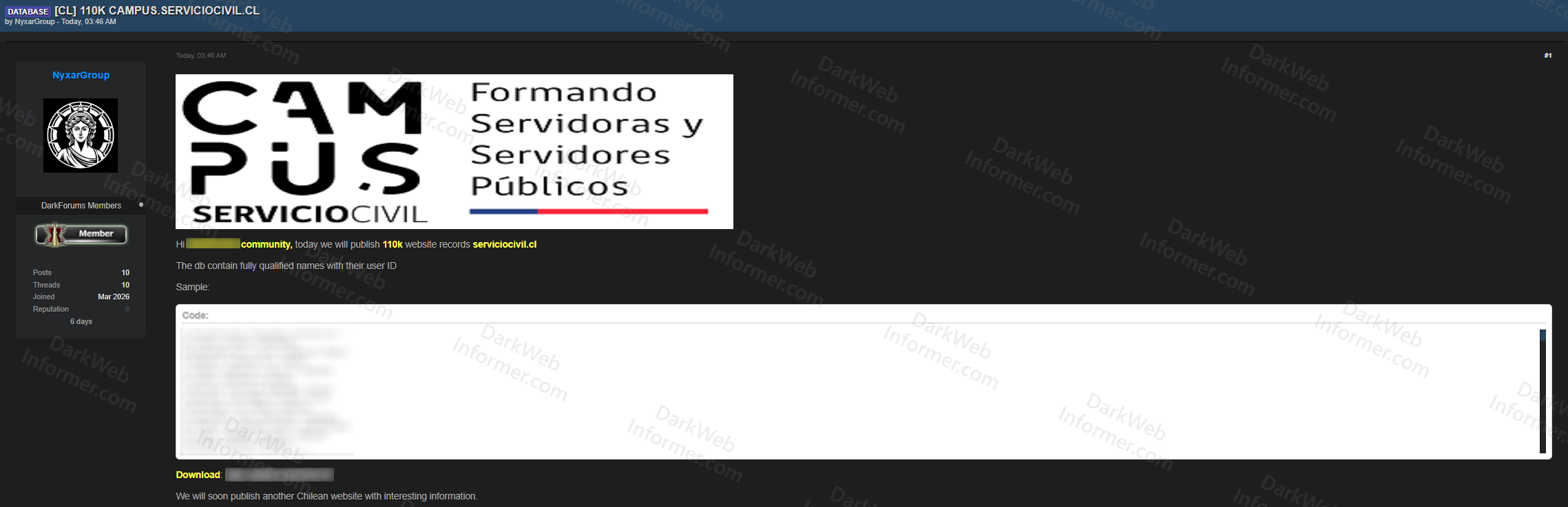 Forum post by NyxarGroup publishing 110K records from Chile Servicio Civil government training platform with sample data and download link