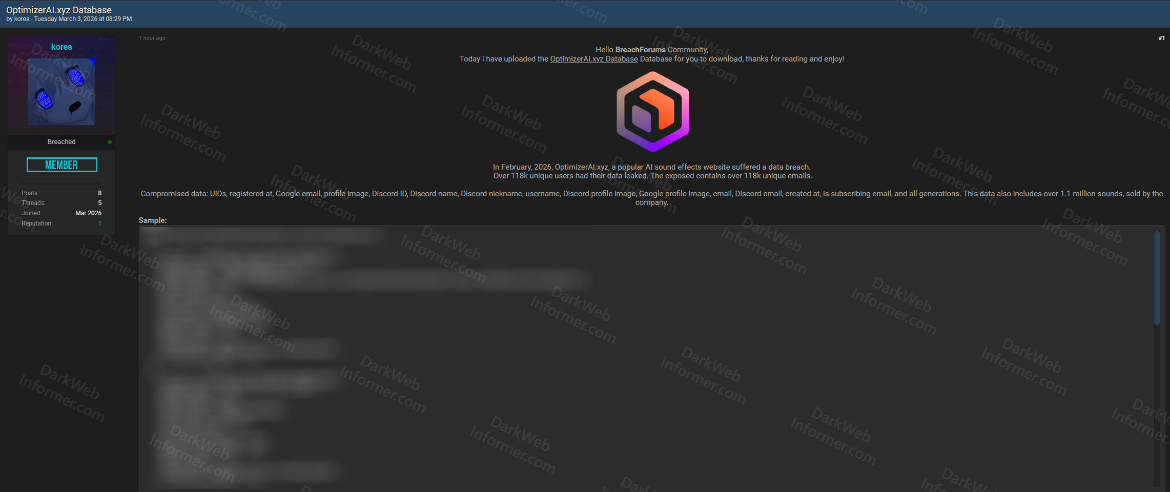 Forum listing showing OptimizerAI database leak with 118,000 user records