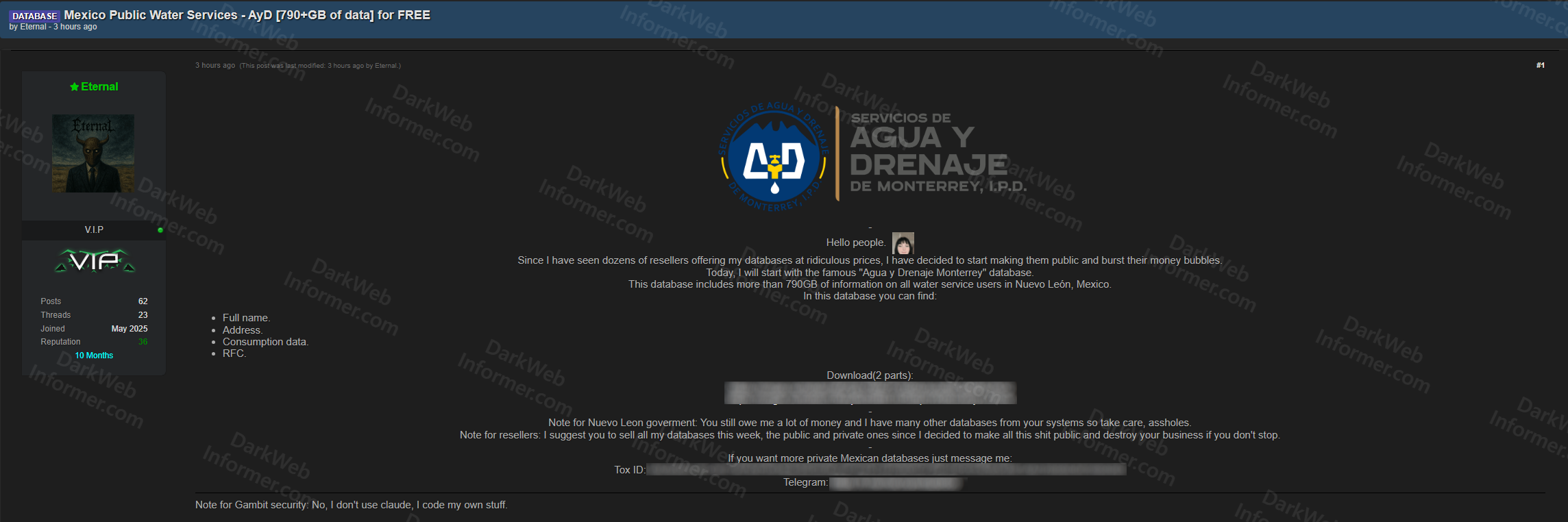 Forum listing showing 790GB Agua y Drenaje de Monterrey database leaked for free