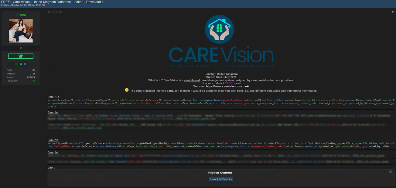 A threat actor claims to have leaked the Care Vision database