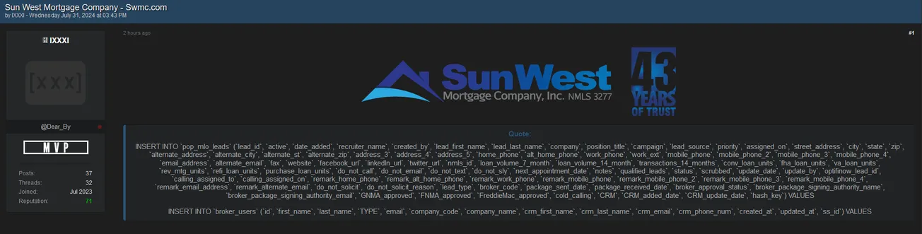 A threat actor has allegedly leaked the database of Sun West Mortgage Company