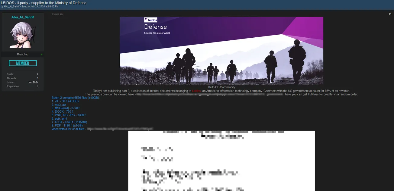 A threat actor allegedly has leaked part 2 of the Leidos database