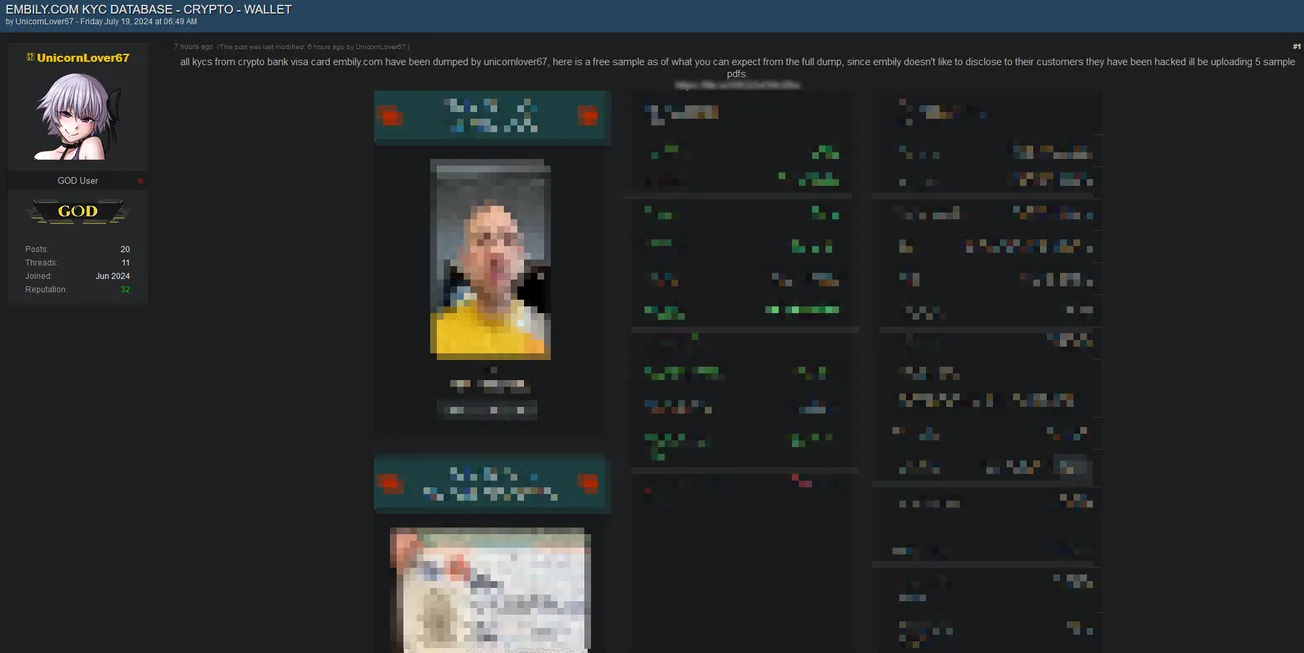 UnicornLover67 is allegedly selling a KYC database from Embily.