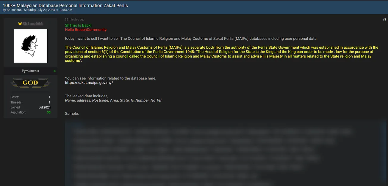 Alleged database for sale belonging to Perlis Islamic Religious and Malay Customs Council