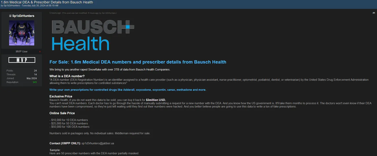 Data Breach Alert: 1.6 Million Medical DEA Numbers and Prescriber Details Leaked from Bausch Health by Sp1d3rHunters