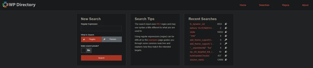 WPdirectory.net is a specialized search tool designed for lightning-fast regex searching within the WordPress Plugin and Theme directories