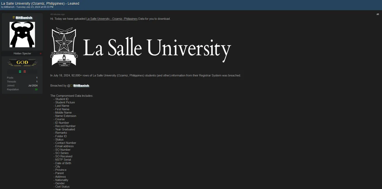 La Salle University (Ozamiz, Philippines) has allegedly been Leaked