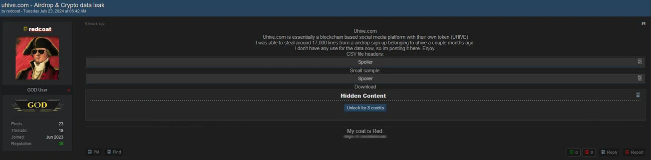 A threat actor has allegedly leaked Uhive Airdrop & Crypto data