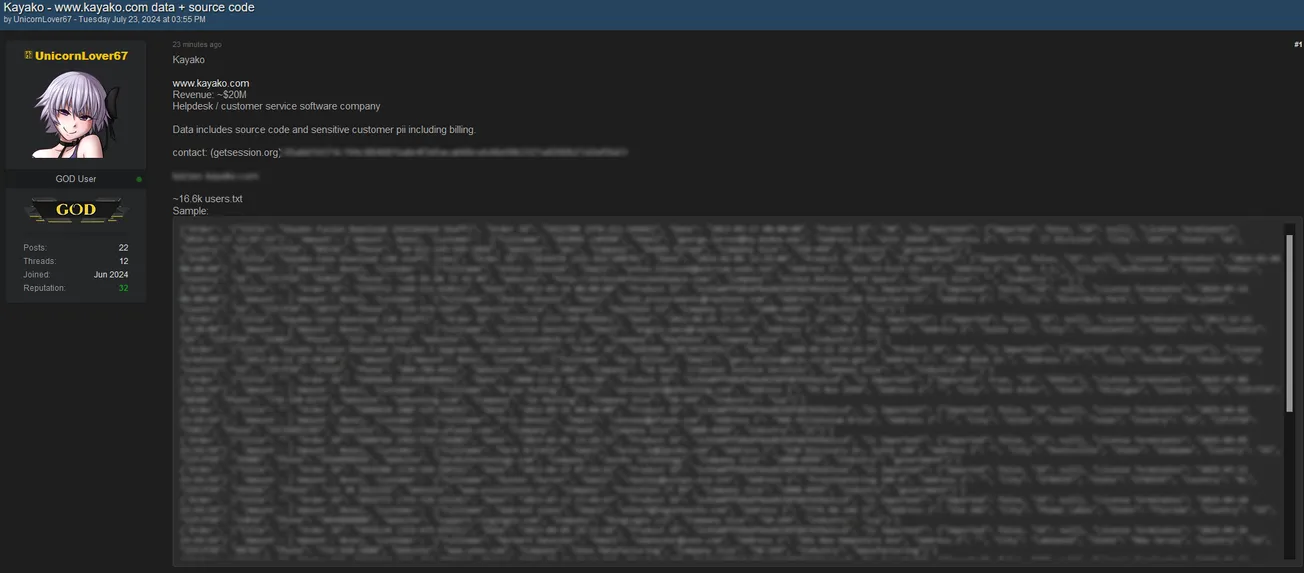 UnicornLover67 has allegedly leaked the data of Kayako