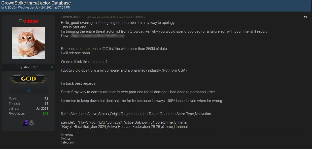USDoD has leaked the CrowdStrike threat actor database