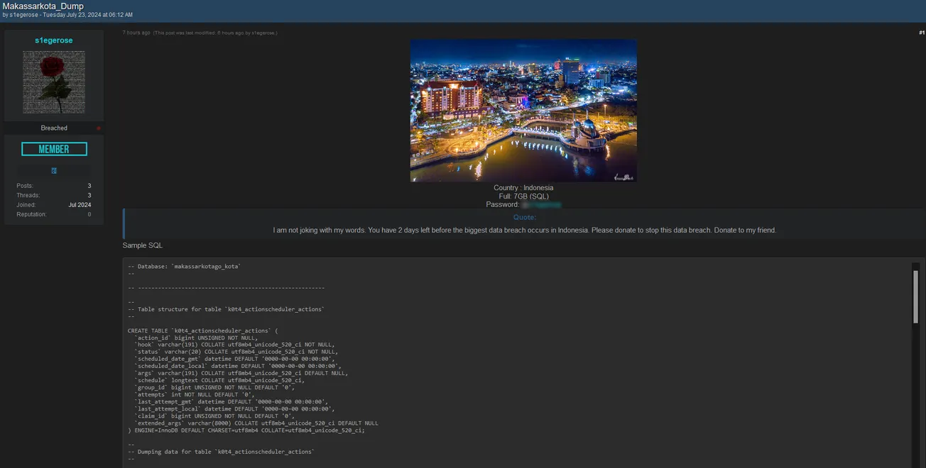 A threat actor is allegedly threatening to leak a database belonging to Makassarkota