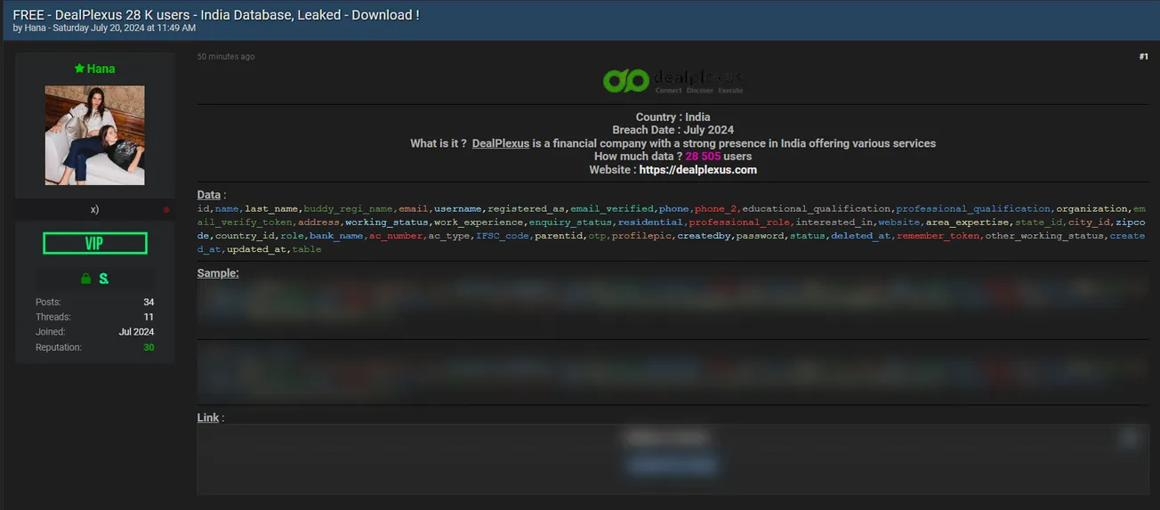 A threat actor allegedly leaked the database of Dealplexus
