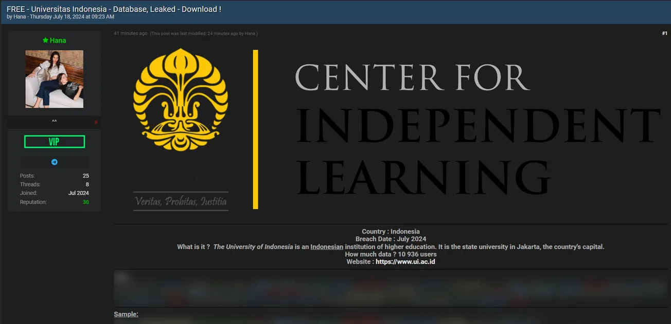 Threat actor has allegedly leaked the database of University of Indonesia
