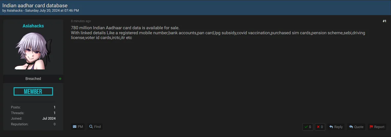 A threat actor is allegedly selling 780 million Indian Aadhaar cards