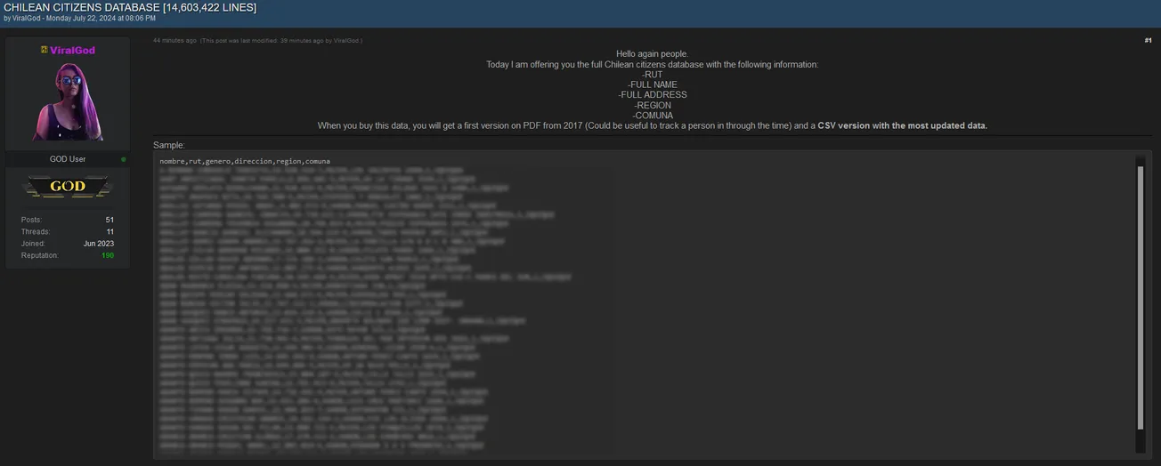 A threat actor is allegedly selling a Chilean citizens database