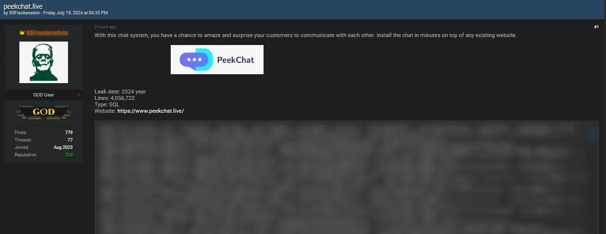 Allegedly leaked database of Peek Chat
