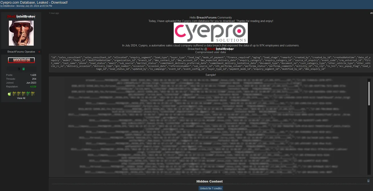 IntelBroker has allegedly leaked the Database of Cyepro