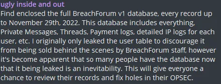 emo leaked the full database of BreachForums 1.0