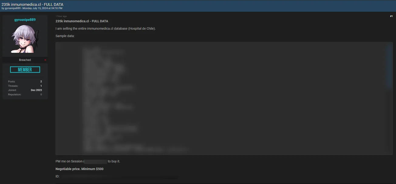 A threat actor claims to be selling an Inmunomedica database