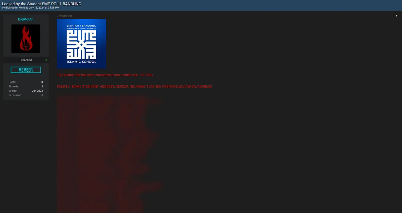 A threat actor claims to have leaked the SMP PGII 1 Bandung database