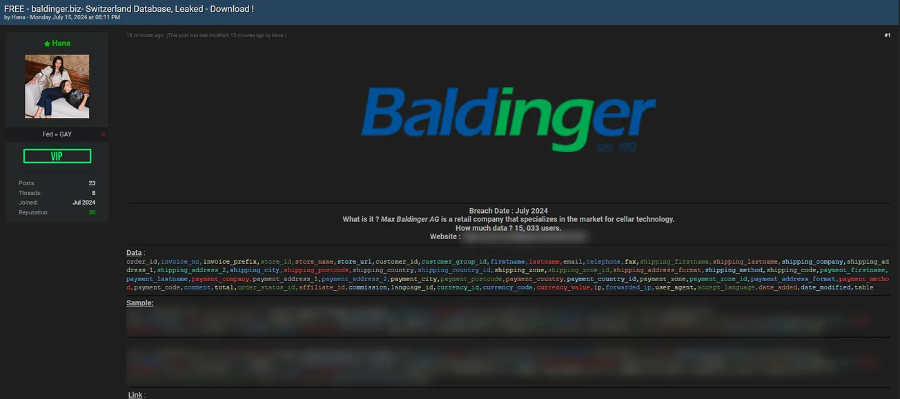 A threat actor has allegedly leaked the Max Baldinger AG database