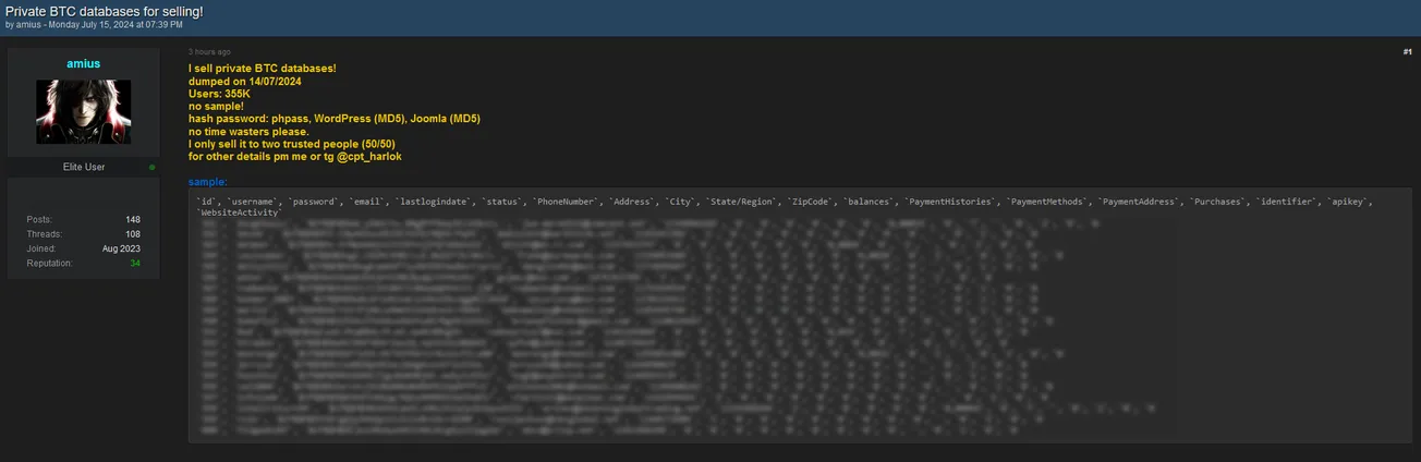 A threat actor is allegedly selling private BTC databases