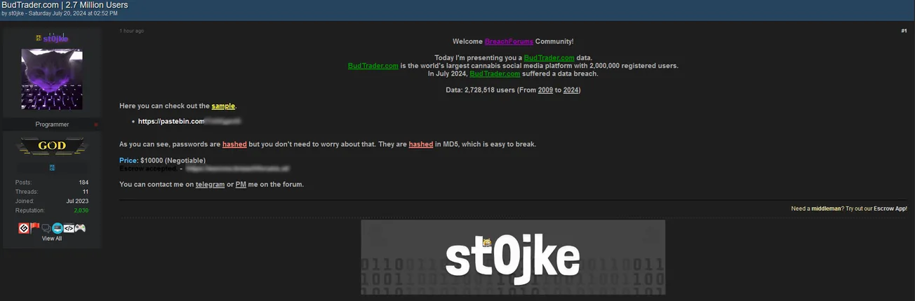 A threat actor is allegedly selling data to BudTrader.com