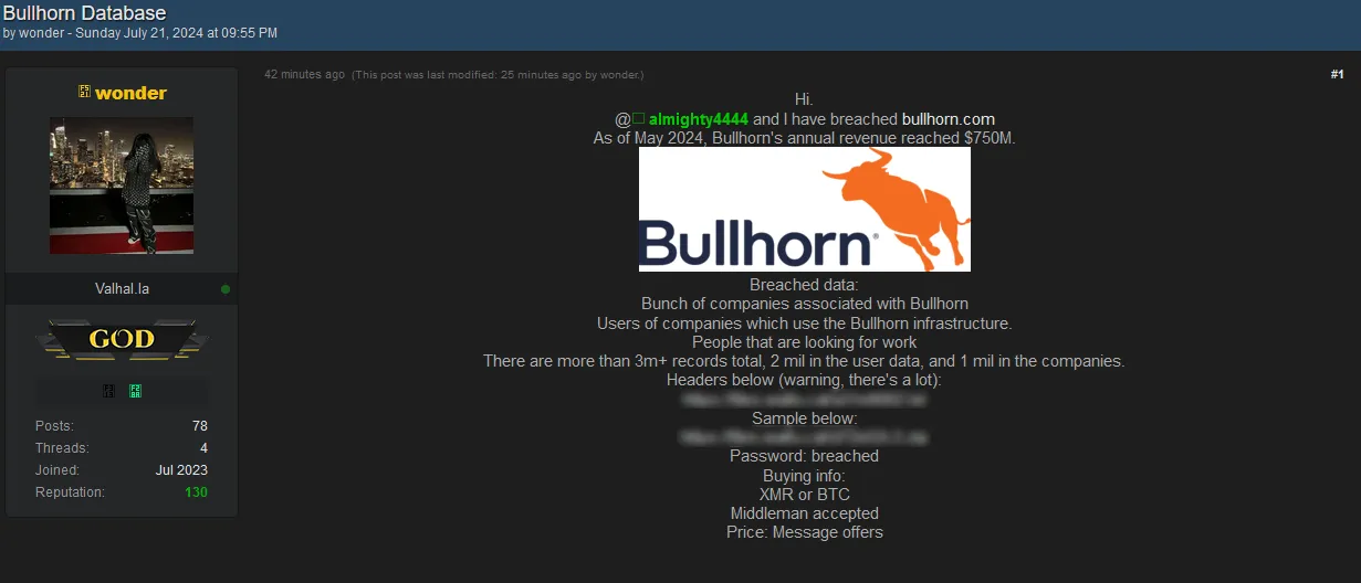 The database of Bullhorn is allegedly up for sale