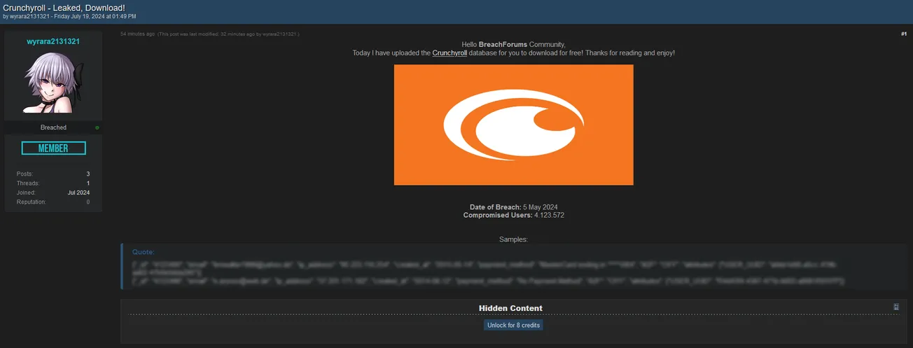 A threat actor claims to have leaked Crunchyroll data