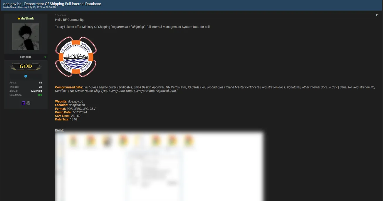 A threat actor claims to be selling the Department of Shipping full internal database