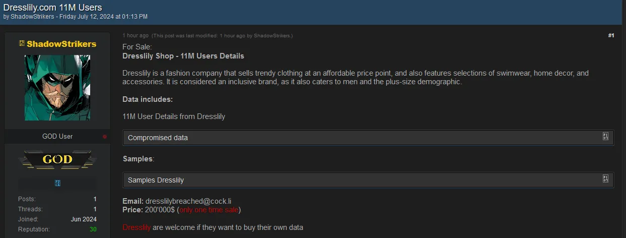 Threat actor is selling data belonging to Dresslily Shop