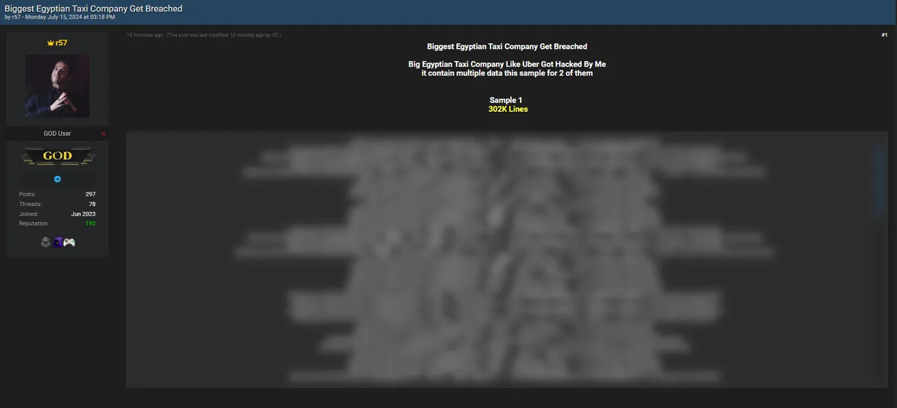 A threat actor claims to have leaked the database of the largest Egyptian taxi company