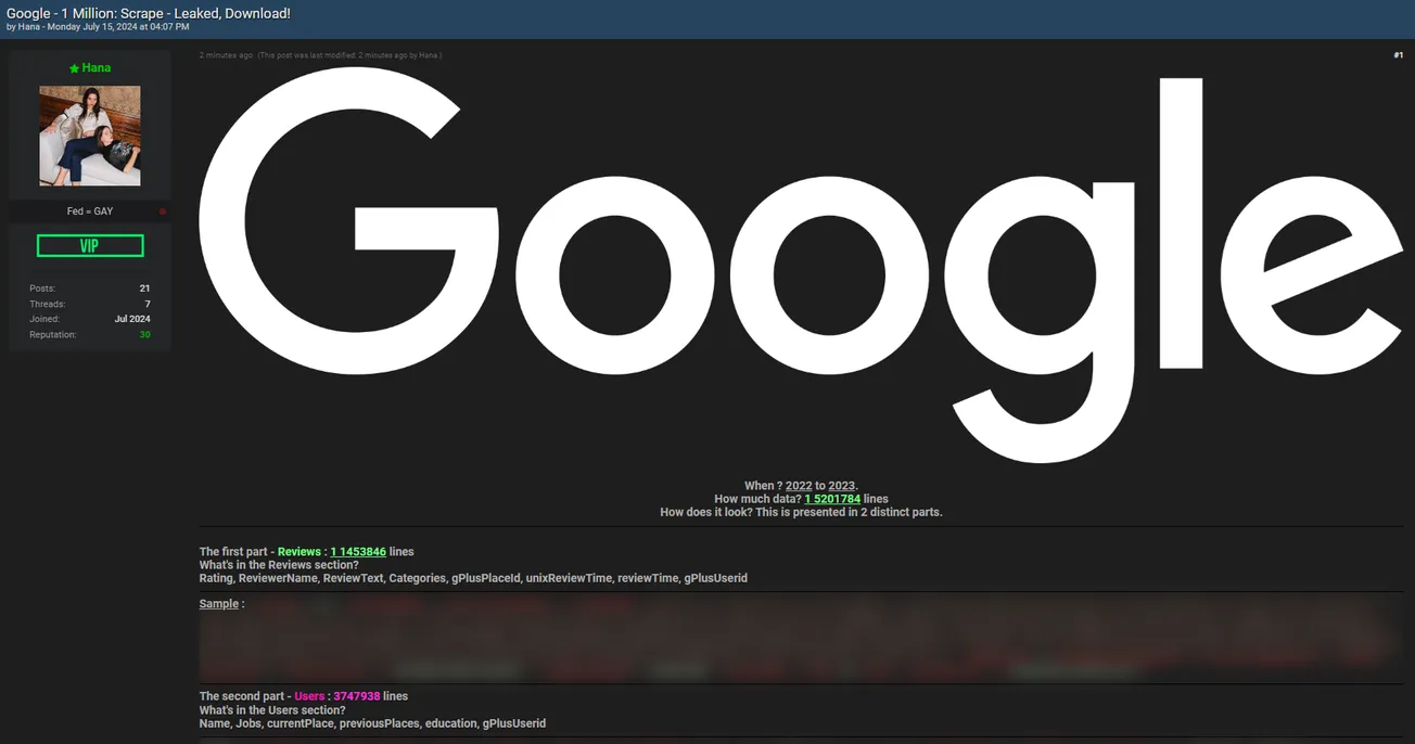 A threat actor claims to have leaked 1 million Google-scraped data entries