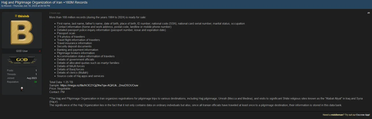 A threat actor is allegedly selling more than 160 Million records belonging to the Hajj and Pilgrimage Organization of Iran during the years 1984-2024.
