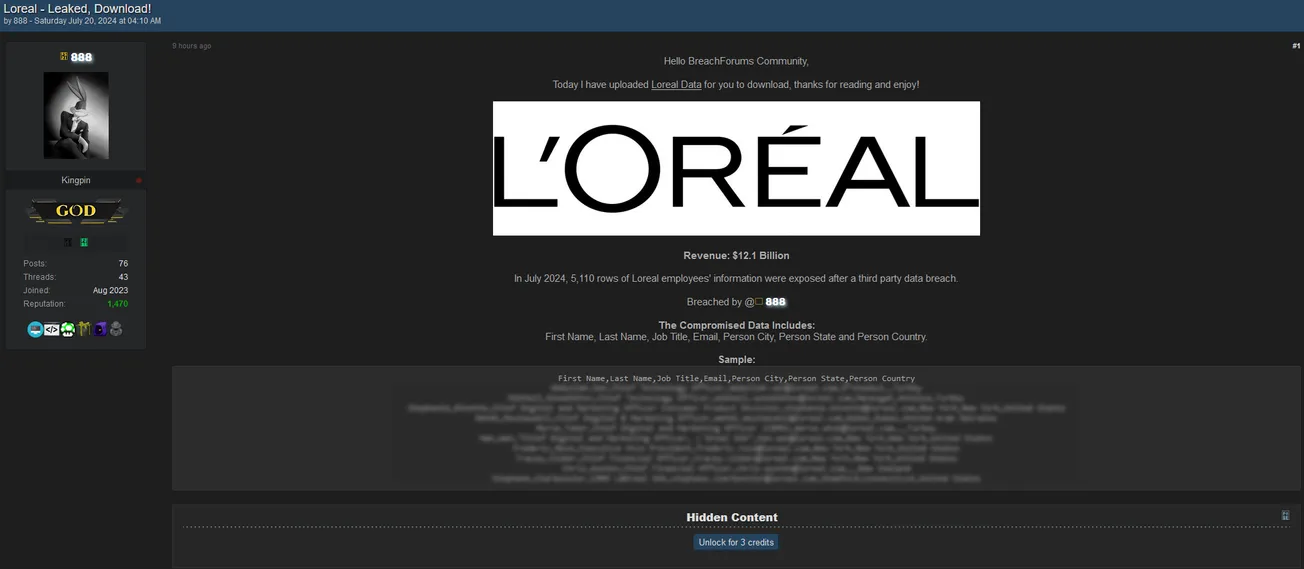 888 has allegedly leaked data belonging to L'Oréal