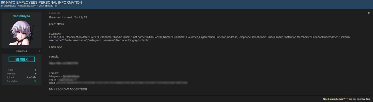 Vadimblyaa is allegedly selling 6K NATO employees personal information