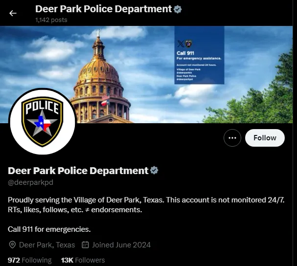 X Verified a Police Department Account Not Belonging to the Police Department