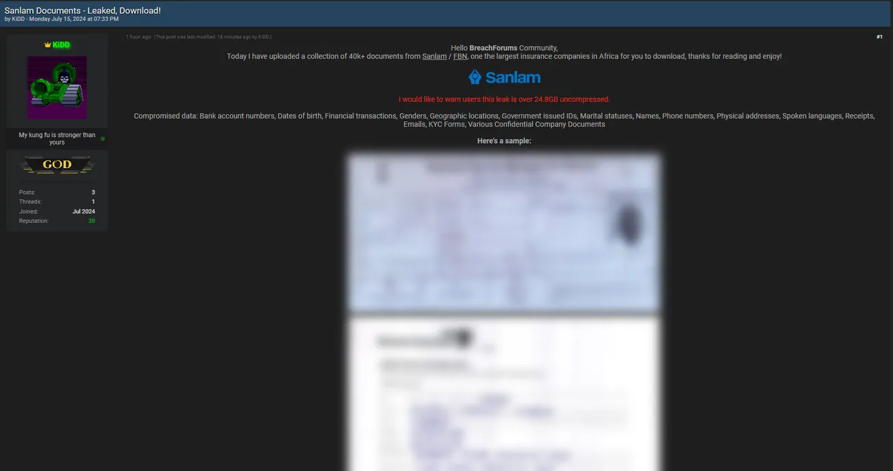 A threat actor claims to have leaked over 40,000 Sanlam documents