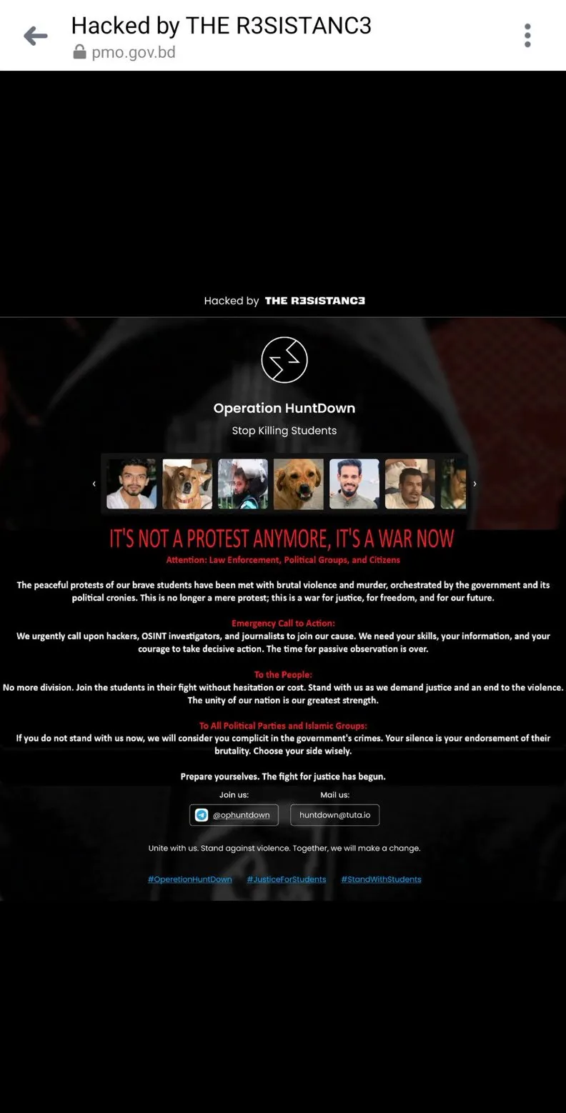 The official websites of Bangladesh Prime Minister Hasina and national police have been defaced by THE R3SISTANCE3