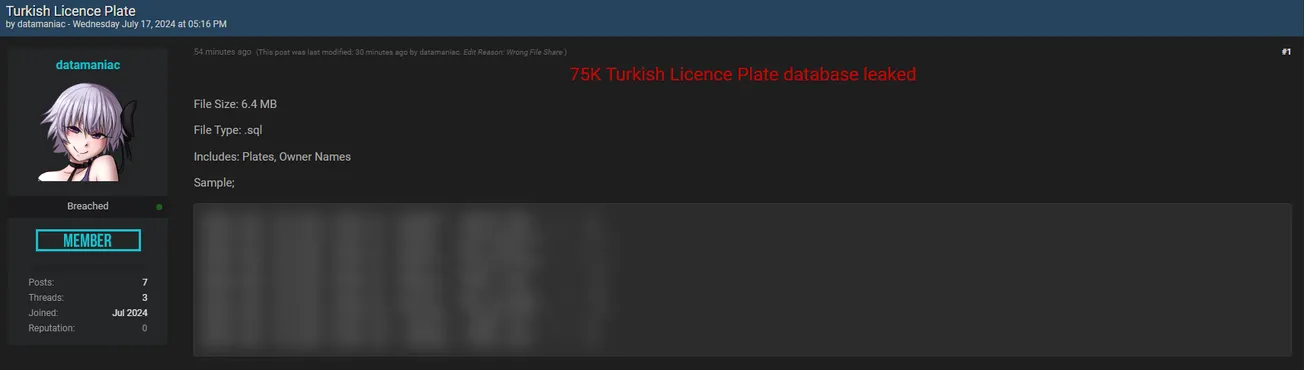 Alleged leak of Turkish license plate database