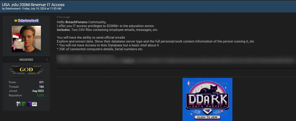 Ddarknotevil is selling access to an unknown U.S. Educational Institution