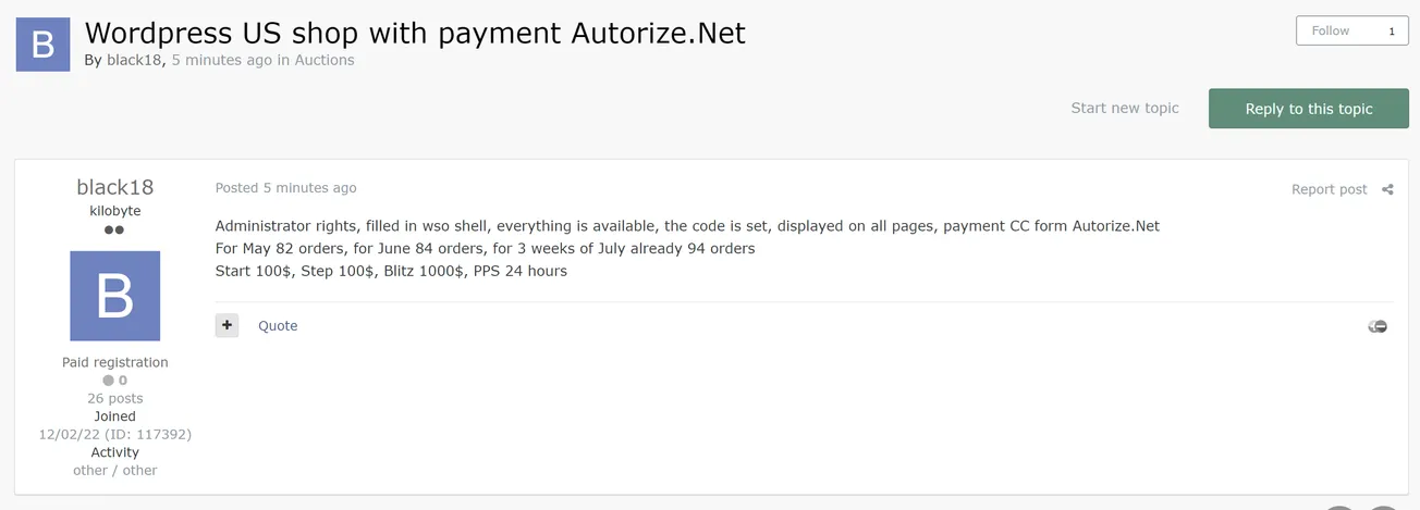 A threat actor is allegedly selling rights to a Wordpress US shop with payment Autorize.Net