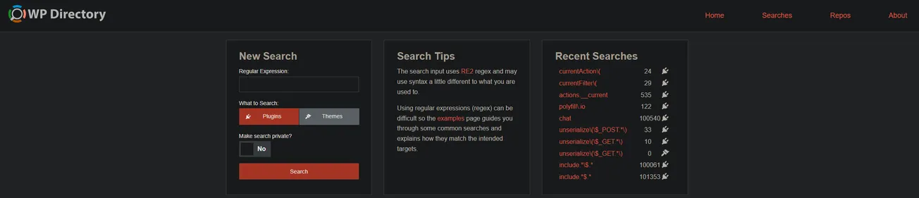 WP Directory - Lightning fast regex searching of code in the WordPress Plugin and Theme Directories