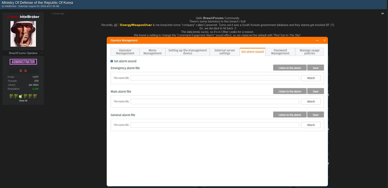 IntelBroker and EnergyWeaponUser have Allegedly Leaked Data to the Ministry of National Defense of the Republic of Korea